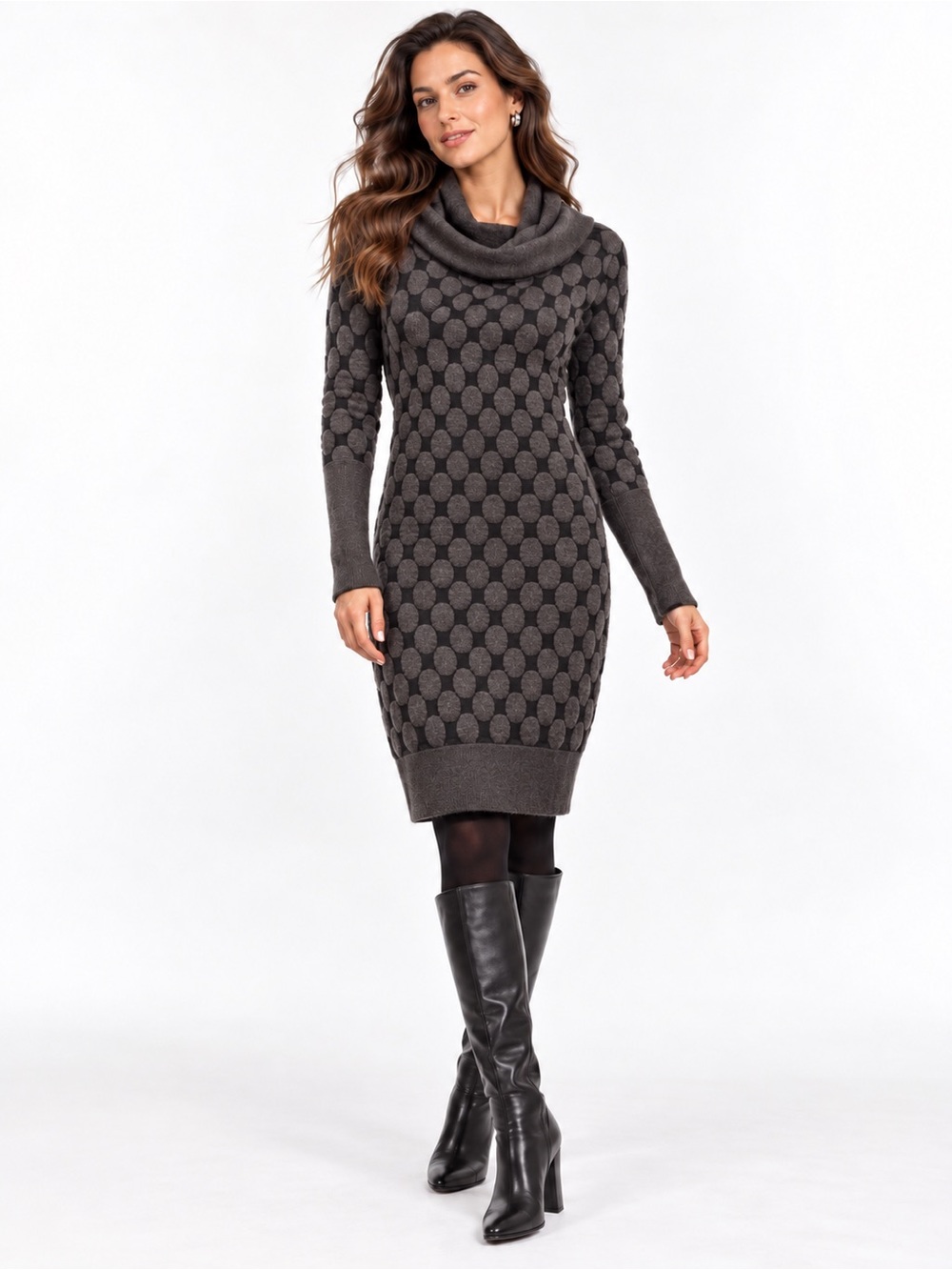 Made in Italy Wool Alpaca Polka Dot Cowl Neck Sweater Dress L Like New